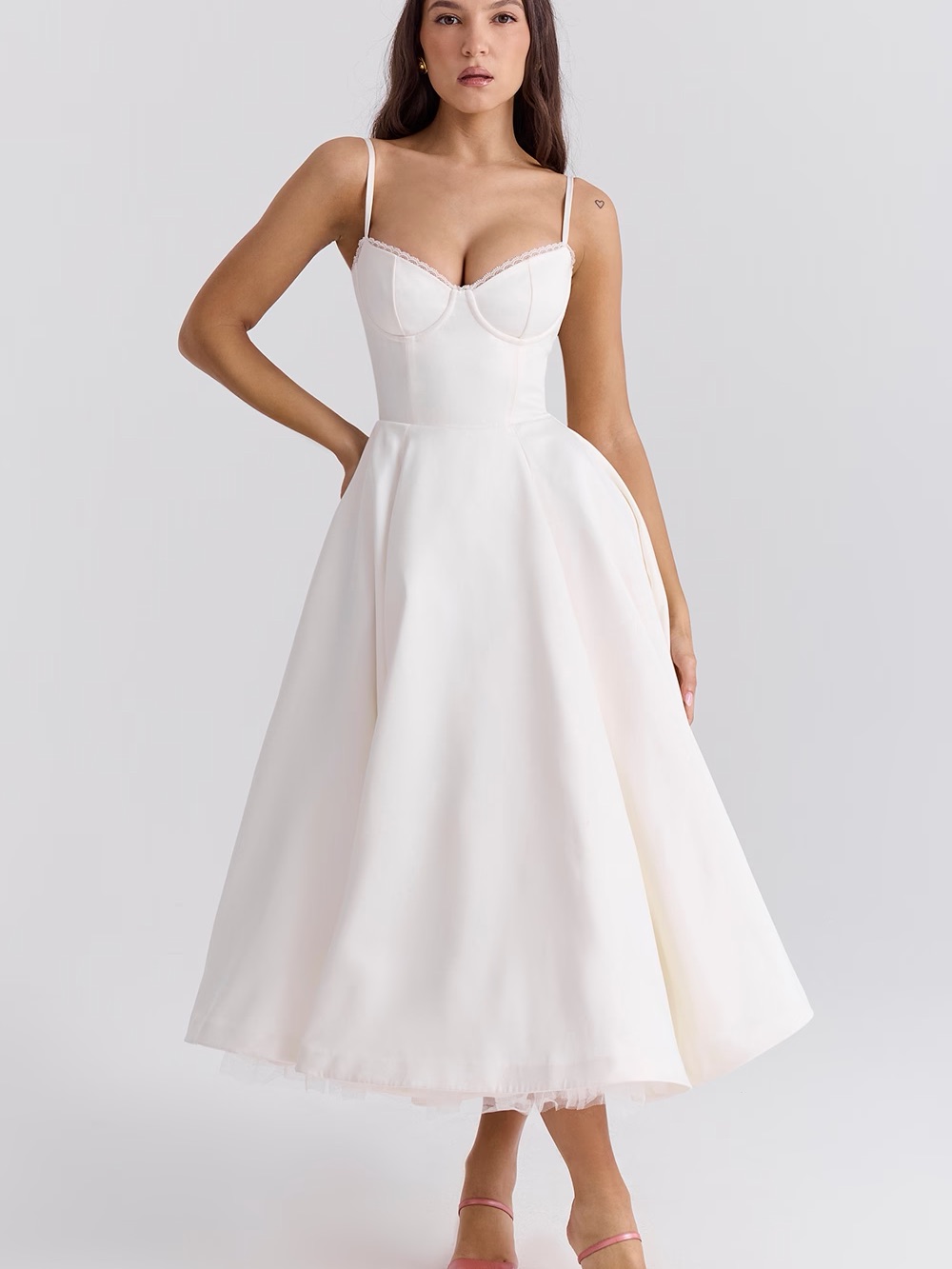 House Of Cb Cream Sweetheart Midi Dress With Spaghetti Straps